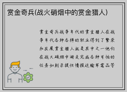 赏金奇兵(战火硝烟中的赏金猎人)